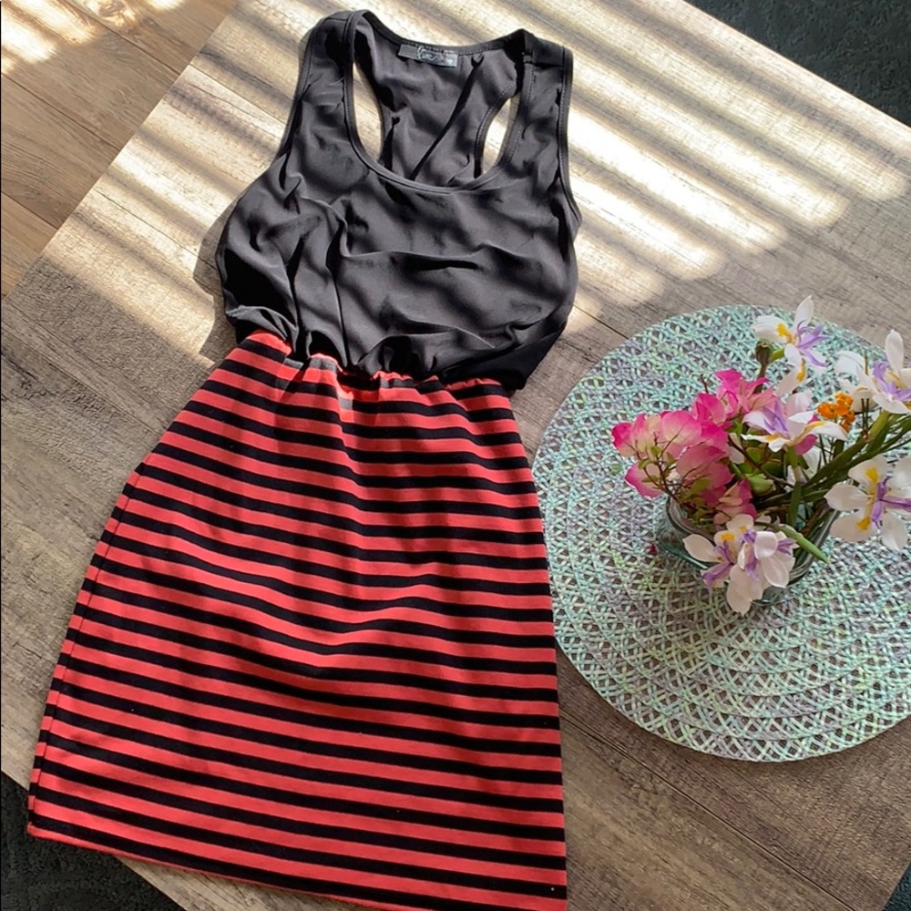 Pine, black salmon + black stripe dress, Medium